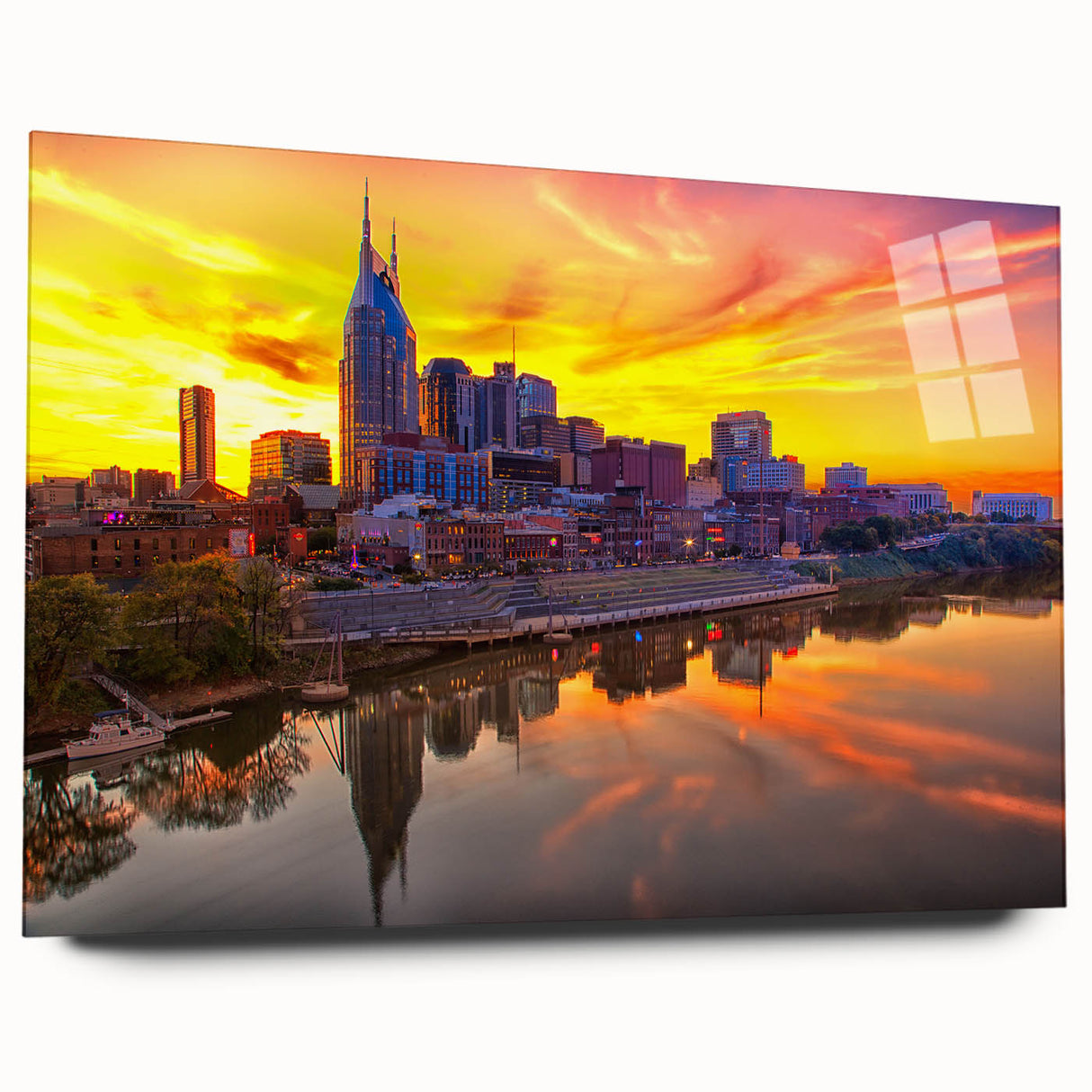 Large abstract depiction of Nashville skyline in muted blue and gray tones on acrylic glass.