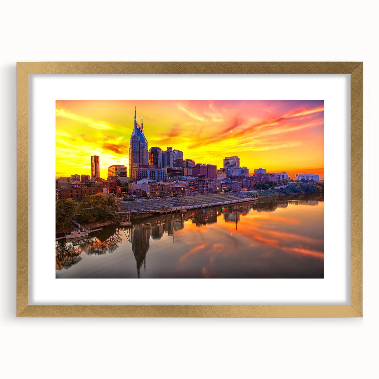 Extra large abstract art print of Nashville skyline in muted earth tones on a framed canvas, ideal for living room decor.