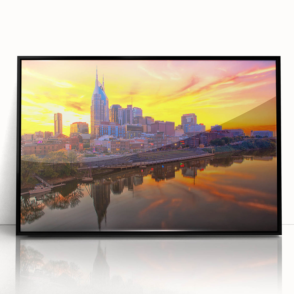 Large abstract wall art depicting Nashville skyline in muted tones on a black framed acrylic.