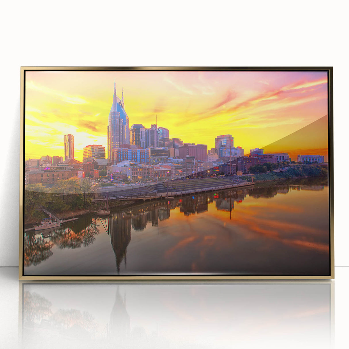Large art print of Nashville skyline in muted gold and blue tones on a framed acrylic, ideal for modern art wall decor.