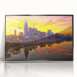 Framed acrylic print of Nashville skyline in muted gray and silver tones, embodying mid-century modernist style.