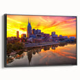 Framed canvas featuring a black and white vintage poster art of the Nashville skyline, ideal for bedroom wall decor.