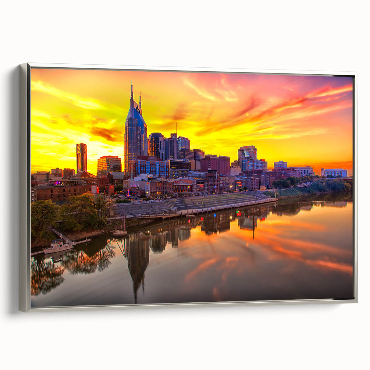 Framed canvas landscape art painting of Nashville, Tennessee in colorful, vintage poster style.