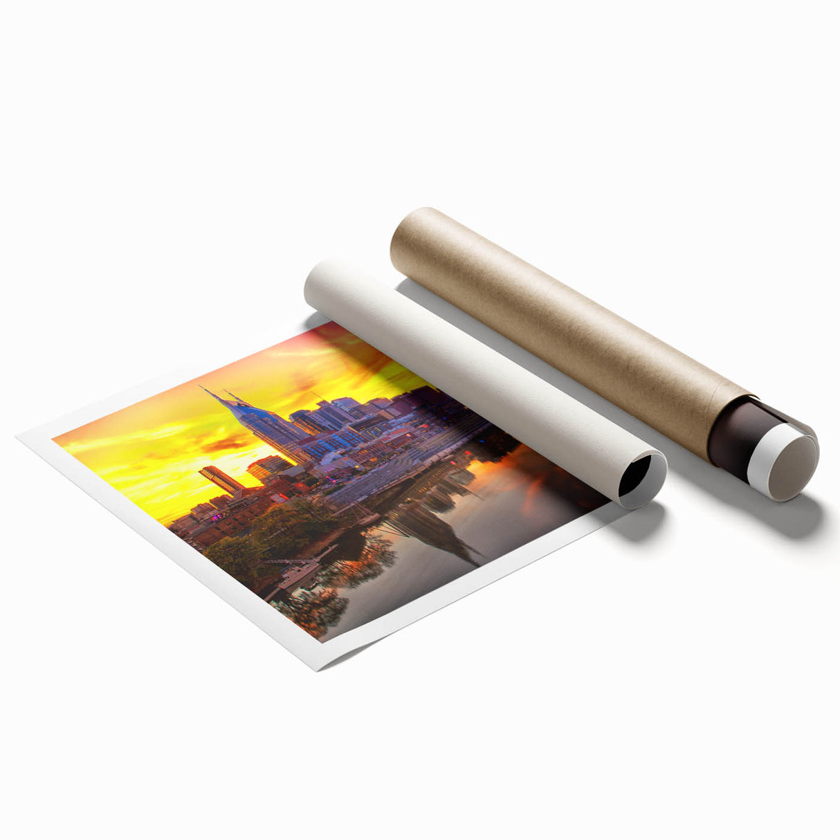 Extra large rolled print of Nashville skyline with muted blue and gray tones, ideal for classy bathroom wall decor.