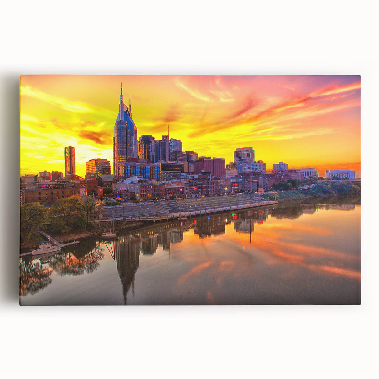 Black and white large art print of Nashville skyline on stretched canvas, ideal for kitchen wall art.