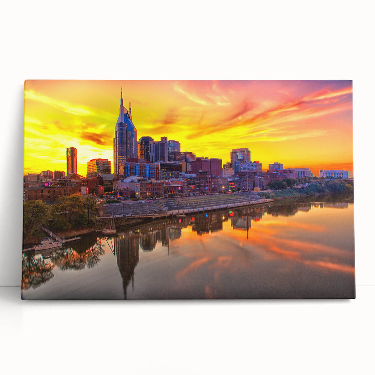 Black and white stretched canvas of Nashville skyline, ideal for kitchen wall art.