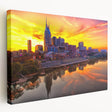 Large art depicting the Nashville skyline in muted gray and blue tones on stretched canvas, ideal for kitchen wall art.
