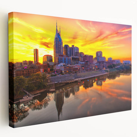 Large art depicting the Nashville skyline in muted gray and blue tones on stretched canvas, ideal for kitchen wall art.