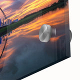Large abstract depiction of Dallas skyline in muted earth tones on acrylic glass, suitable for dining room art.