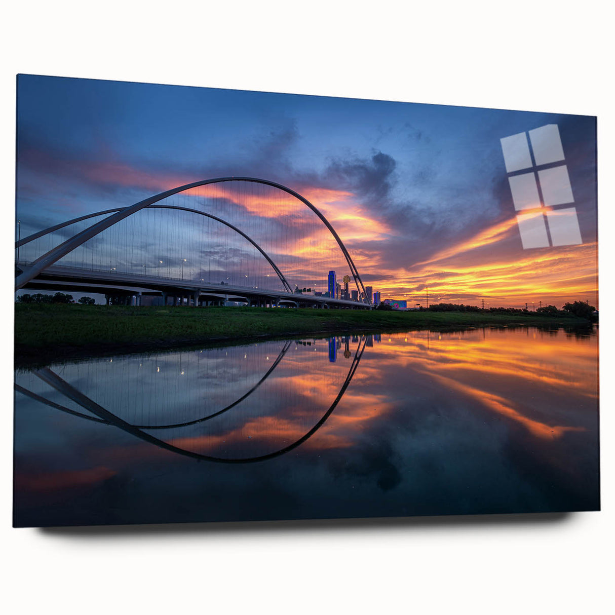 Large abstract depiction of the Dallas skyline in muted blue and gray tones on acrylic glass.