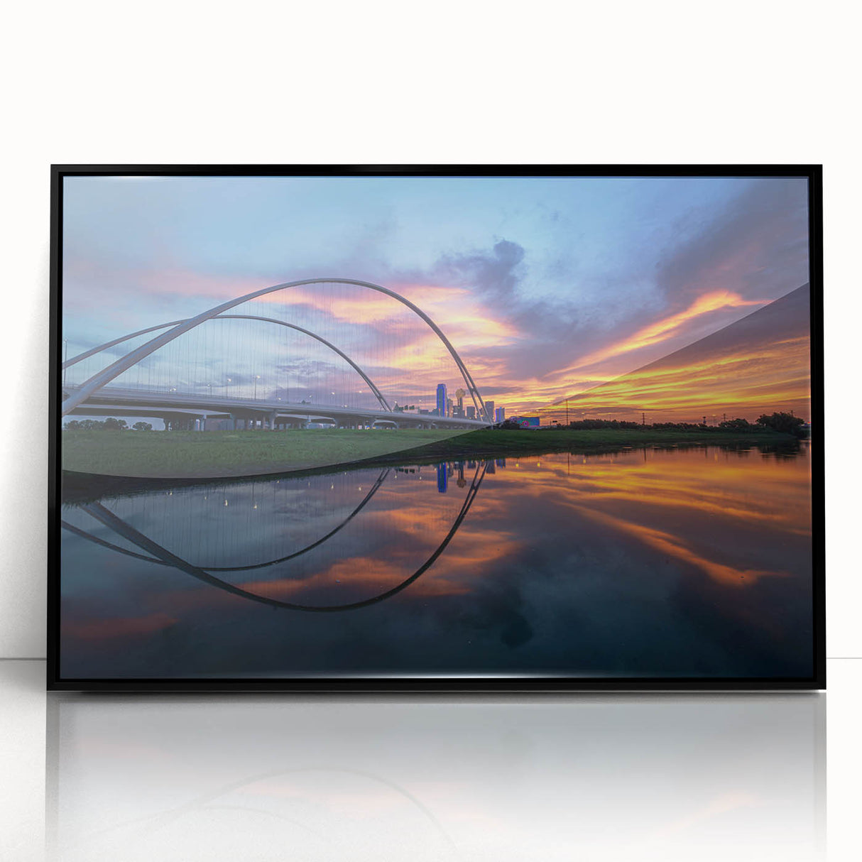 Large abstract wall art depicting the Dallas skyline in muted gray and blue tones, framed acrylic print.