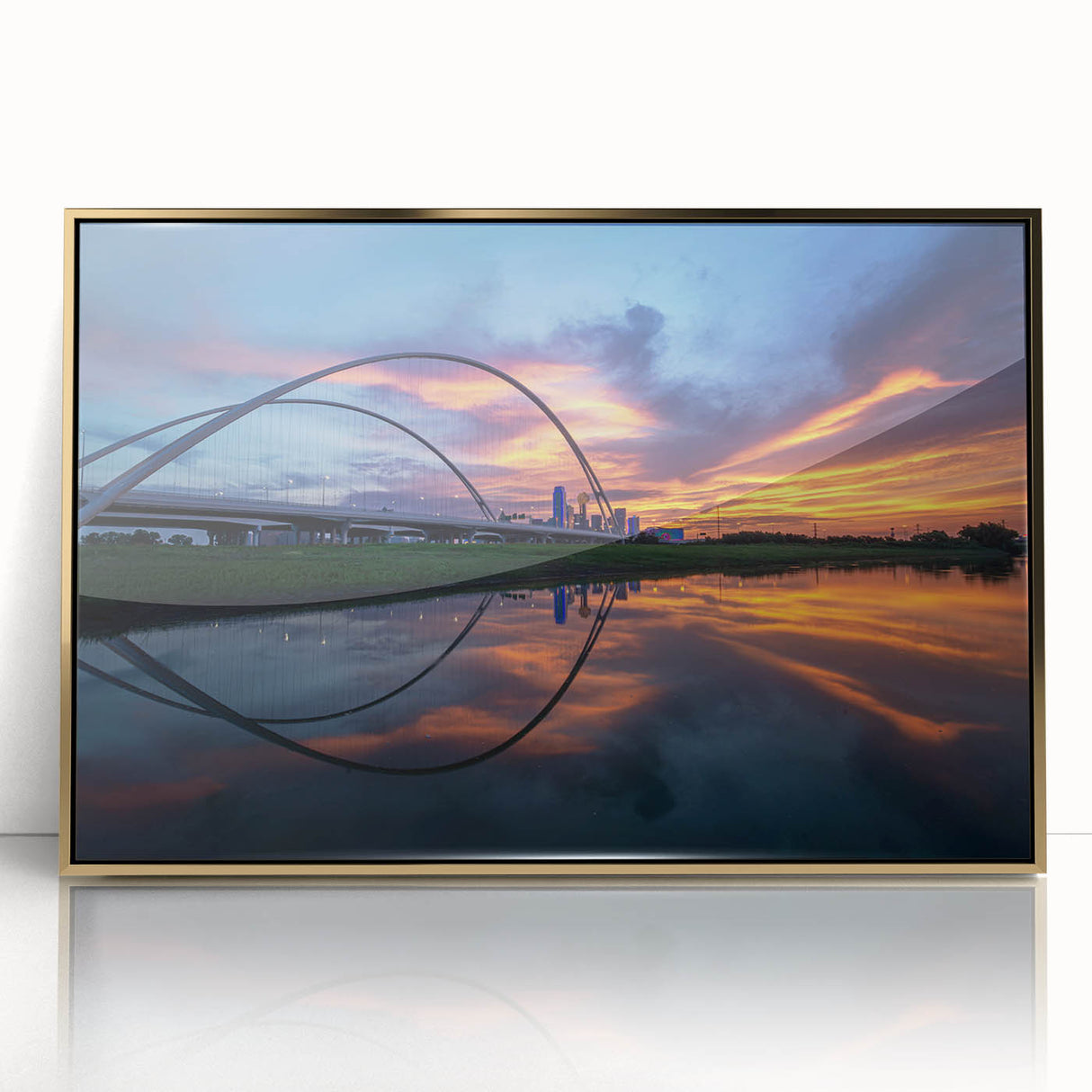 Large art print of Dallas skyline in gold and blue tones on framed acrylic, mid-century modernist style.