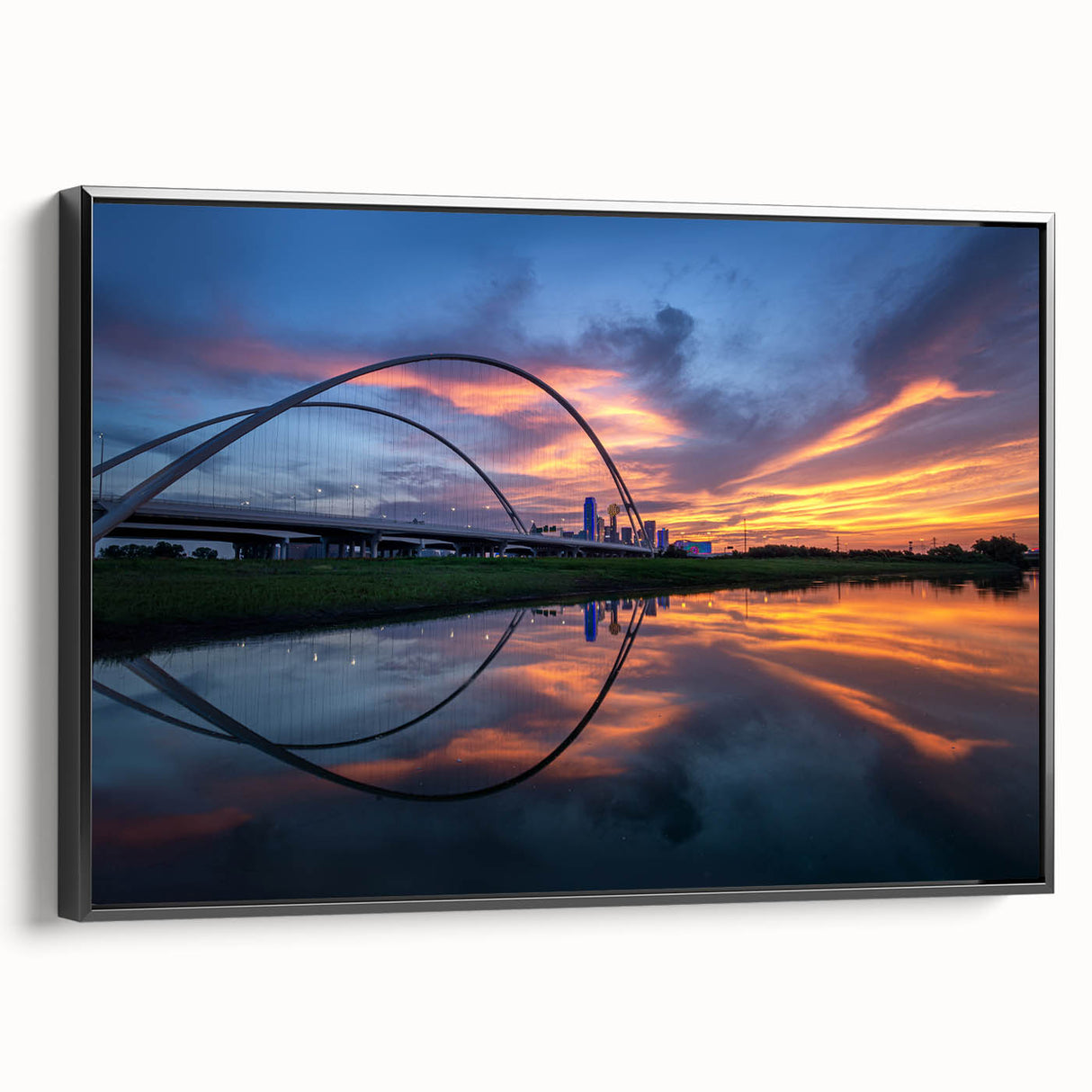 Black and white framed canvas of Dallas skyline, ideal for bedroom wall art with a vintage poster style.