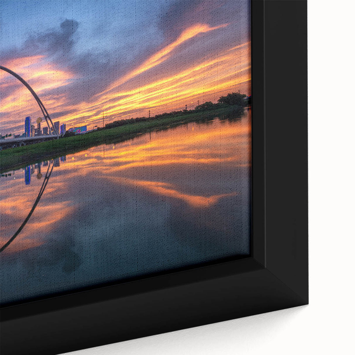Extra large framed canvas featuring a textured depiction of the Dallas skyline in black with colorful accents.