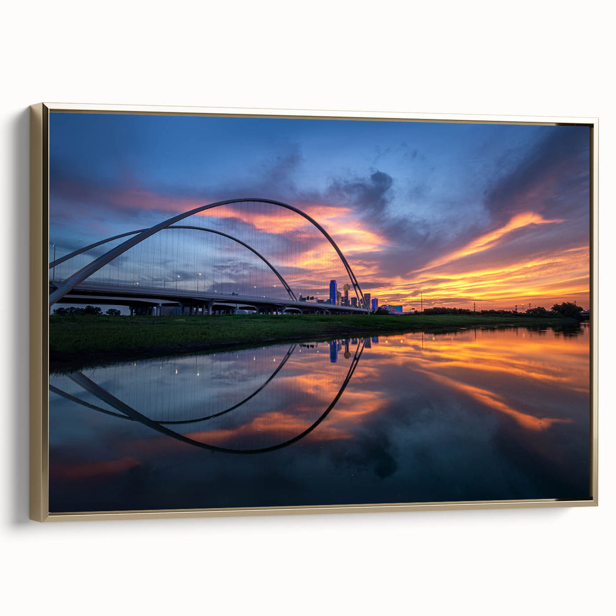 Framed canvas of Dallas landscape in vintage poster style, featuring black and gold tones, ideal for bedroom wall art.
