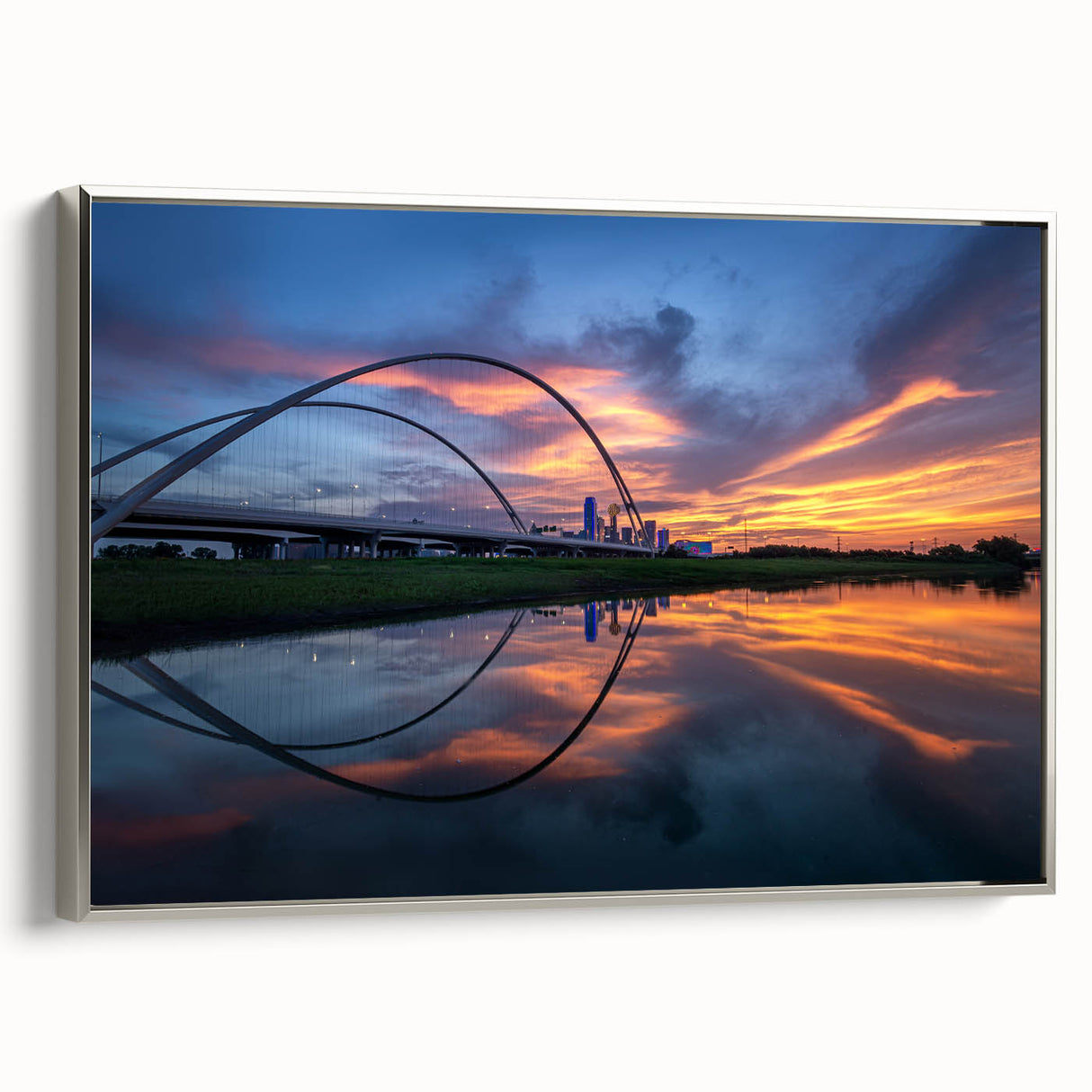 Framed canvas featuring a vintage-style Dallas landscape with colorful art on a black background, ideal for office decor.