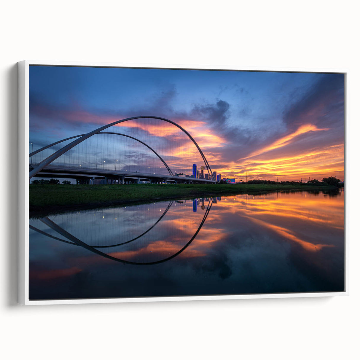 Vintage poster art of Dallas skyline in colorful hues on a large framed canvas, suitable for living room decor.