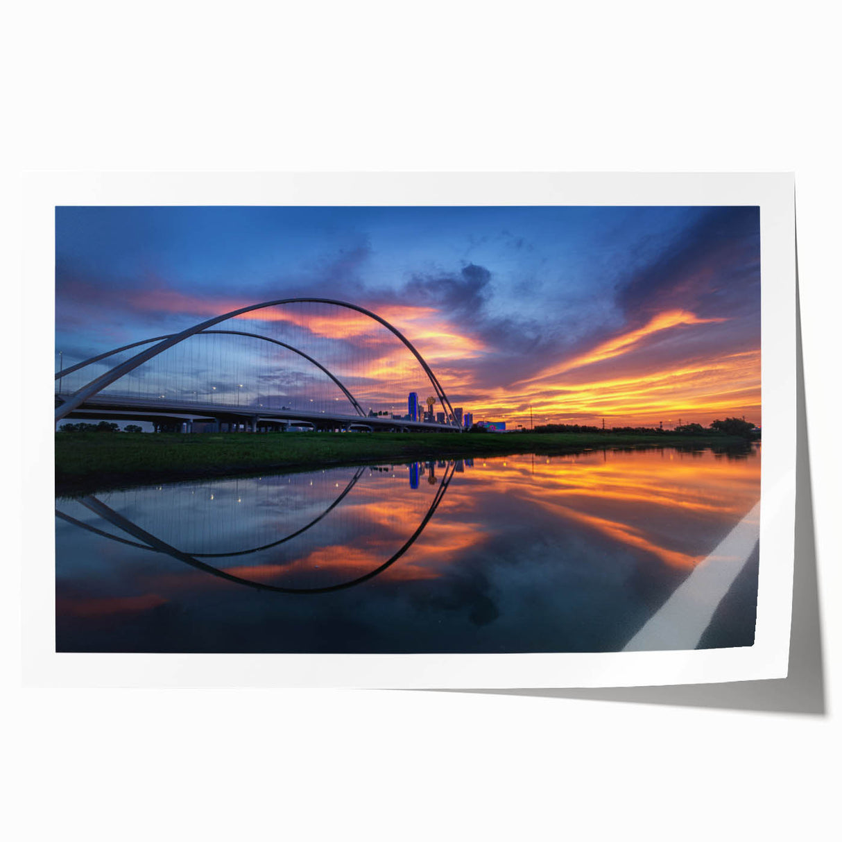 Extra large rolled print of Dallas skyline in muted gray and blue tones, ideal for art wall dining room.