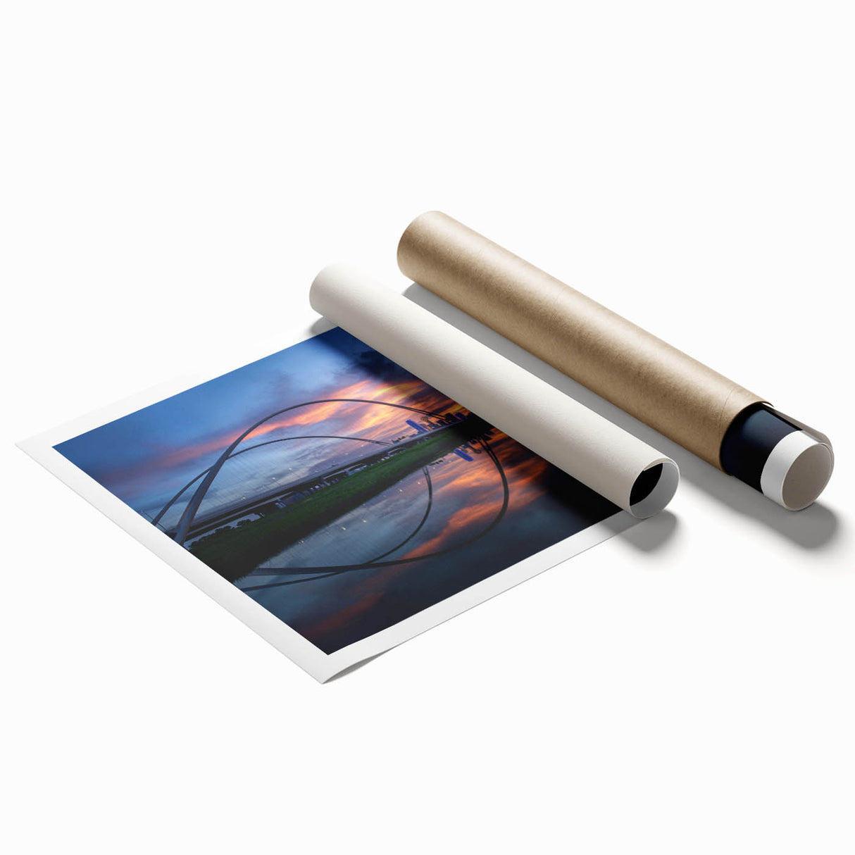 Extra large rolled print of Dallas skyline with floral accents in soft pastel shades, ideal for classy bathroom wall art.