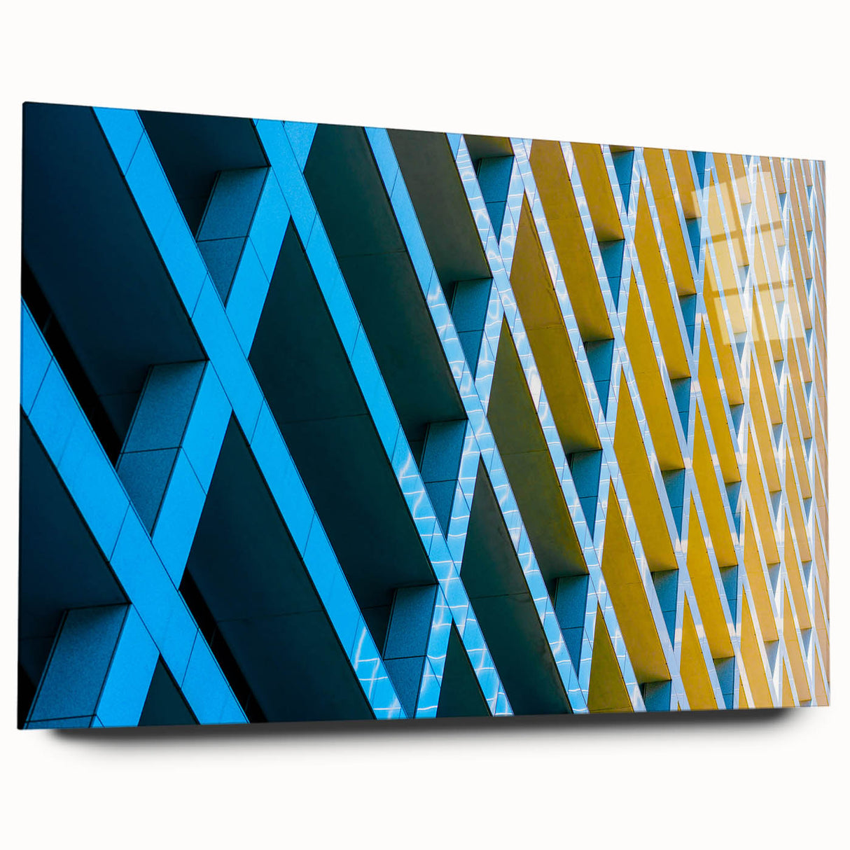 Large abstract depiction of Houston skyline in muted blues and grays on acrylic glass.