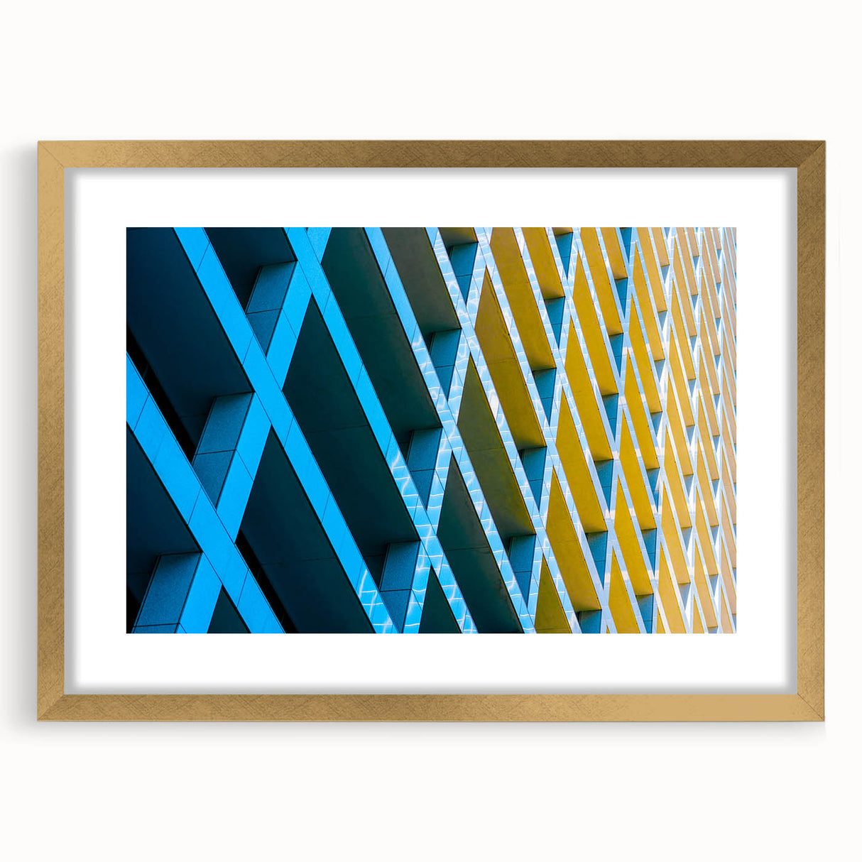 Extra large abstract art print of Houston skyline in textured gold frame, ideal for living room decor.