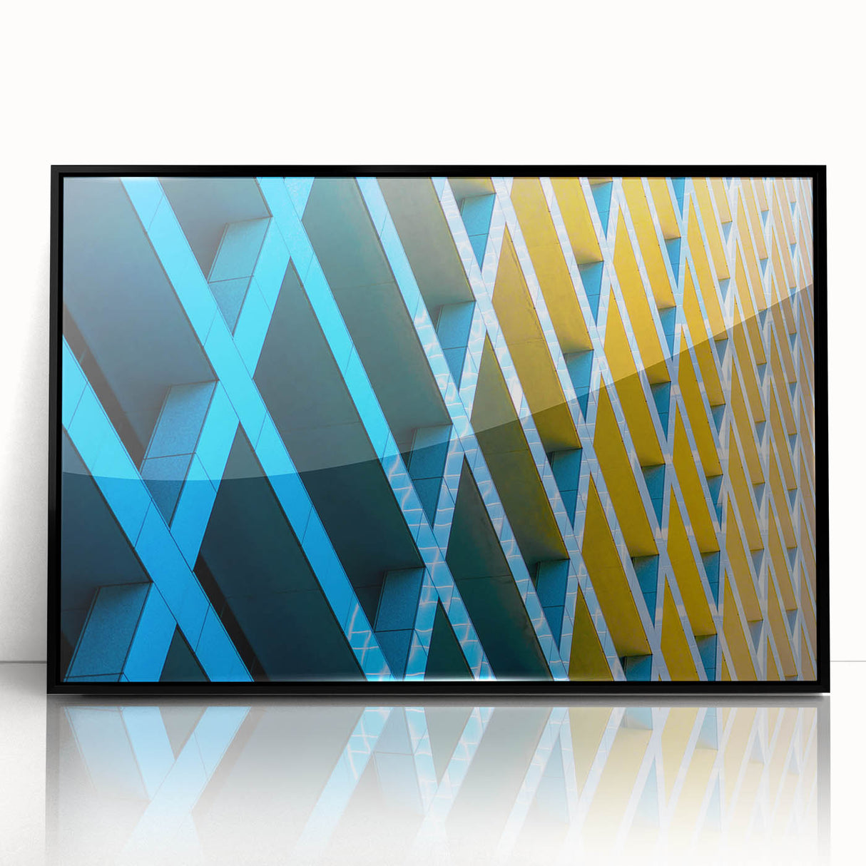 Large abstract wall art depicting the Houston skyline in acrylic, framed in black, suitable for modern living room decor.
