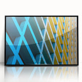Large abstract wall art depicting the Houston skyline in acrylic, framed in black, suitable for modern living room decor.