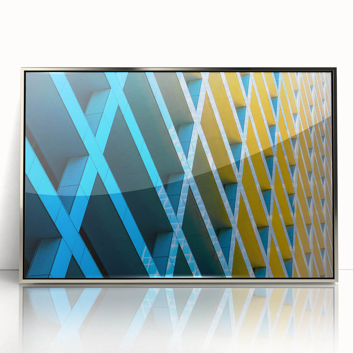 Mid-century modernist art of Houston skyline in muted gray and blue tones on a framed acrylic.