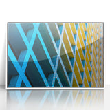 Acrylic print of Houston skyline in art deco style, with muted gray and blue tones, ideal for modern nursery wall art.
