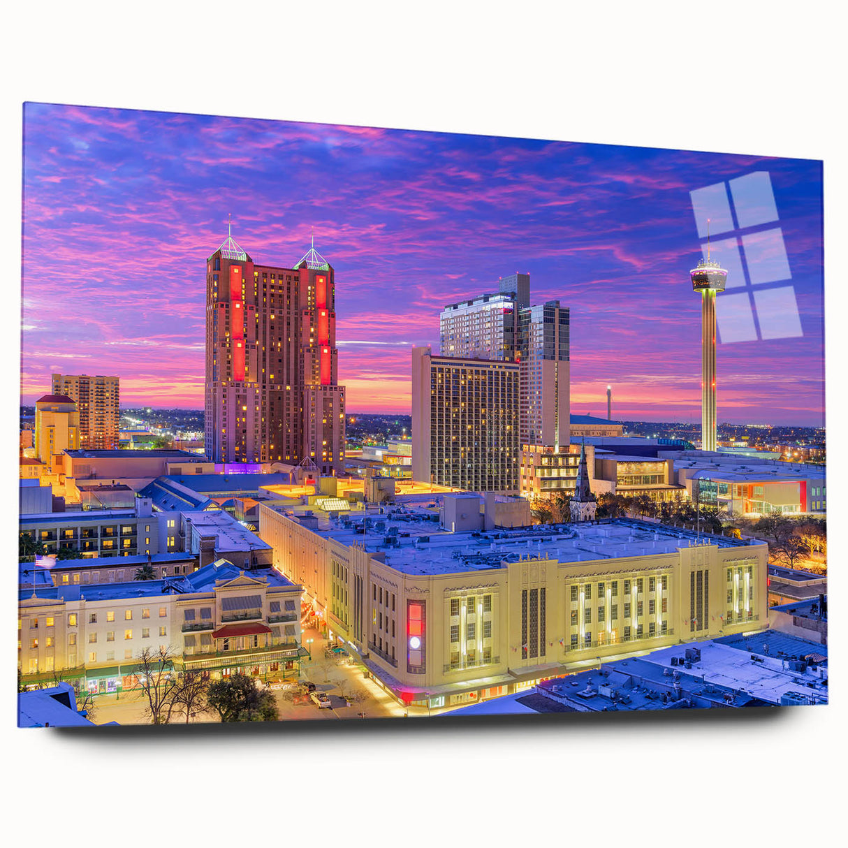 Large abstract depiction of the San Antonio skyline on acrylic glass, featuring blue and gray tones.