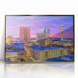 Acrylic print of San Antonio skyline in gold and blue tones, framed, mid-century modernist style.