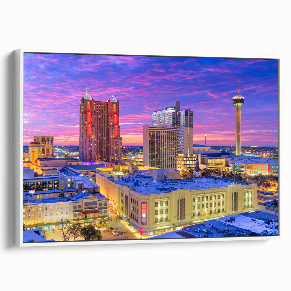 Vintage poster art of San Antonio skyline in colorful tones on a large framed canvas, suitable for living room decor.