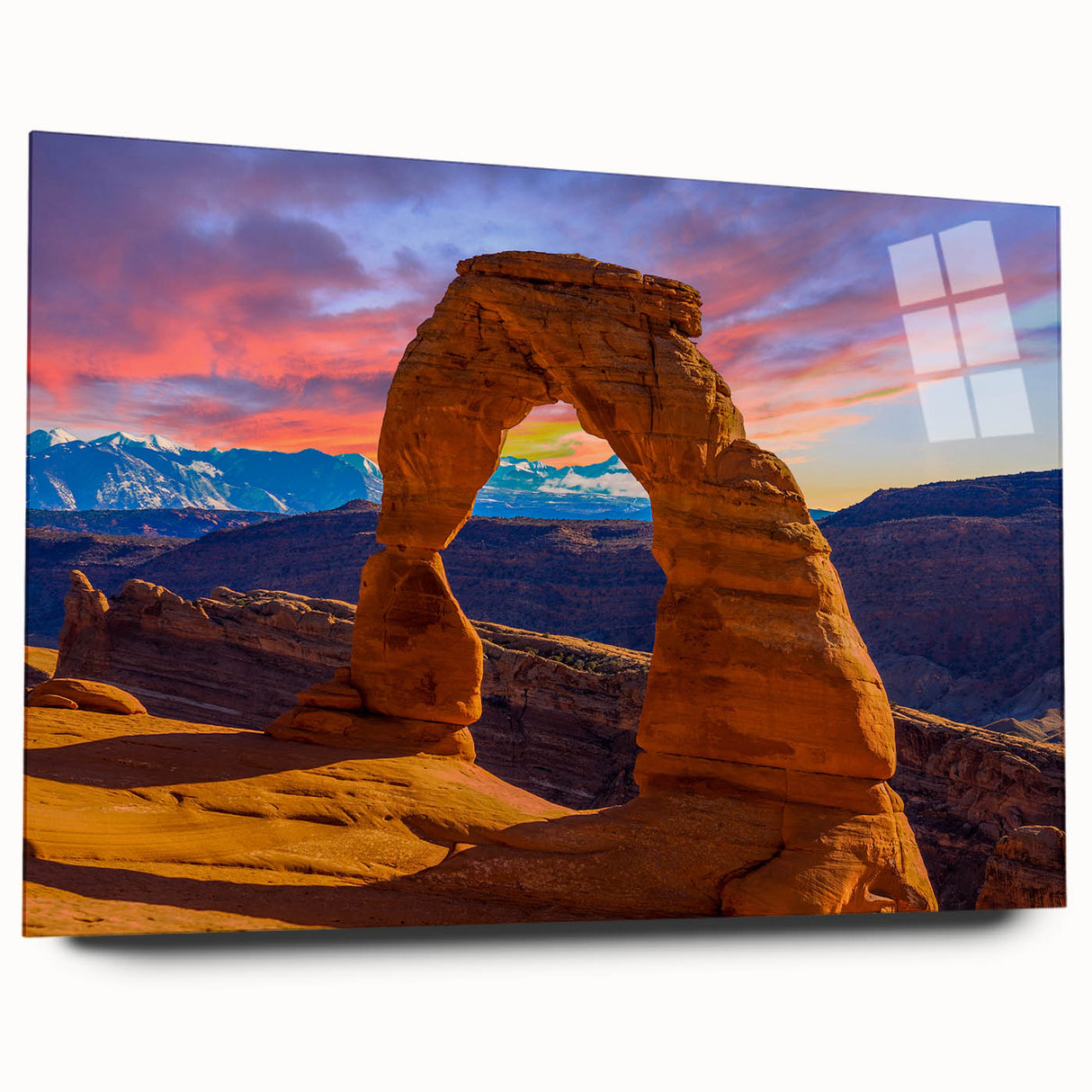 Large abstract wall art of Arches National Park in Utah on acrylic glass, featuring earthy red and orange tones.