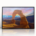 Large abstract wall art depicting Arches National Park in Utah with vibrant red and orange tones on a framed acrylic.