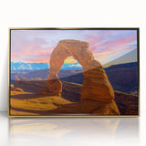 Framed acrylic print of Arches National Park with warm golden tones, ideal for modern art wall decor.