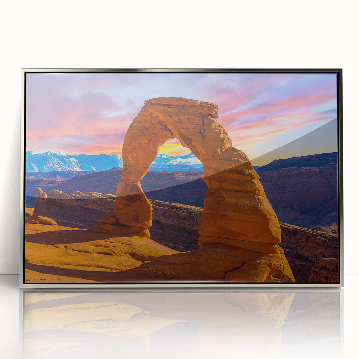 Framed acrylic print of Arches National Park in Utah, featuring mid-century modernist style with earthy tones.