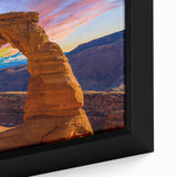 Close-up of a textured black wall art depicting Arches National Park in Utah, framed canvas ideal for living room decor.