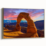 Framed canvas featuring a landscape painting of Arches National Park in muted earth tones, ideal for bedroom wall art.