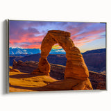 Framed canvas featuring a landscape art painting of Utah Arches in vibrant earth tones, ideal for living room decor.