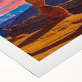Art deco poster featuring Arches National Park in muted earth tones on rolled canvas, suitable for dining room decor.