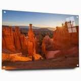 Acrylic print of Bryce Canyon in vibrant orange and red hues, ideal for dining room or bedroom decor.