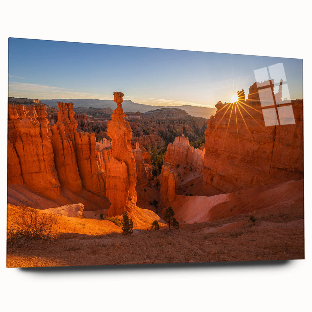 Large acrylic print of Bryce Canyon with orange and red rock formations, suitable for bedroom or dining room art.