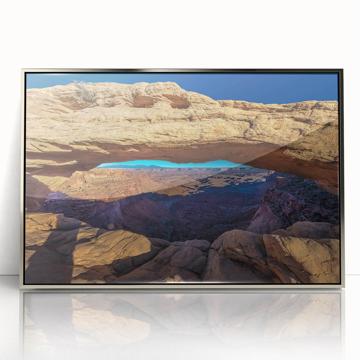 Mid-century modernist art depicting Utah's Canyonlands in muted earth tones on a framed acrylic print.