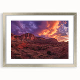 Textured art print of Capitol Reef in muted earth tones on a framed silver mat, ideal for bedroom decor.