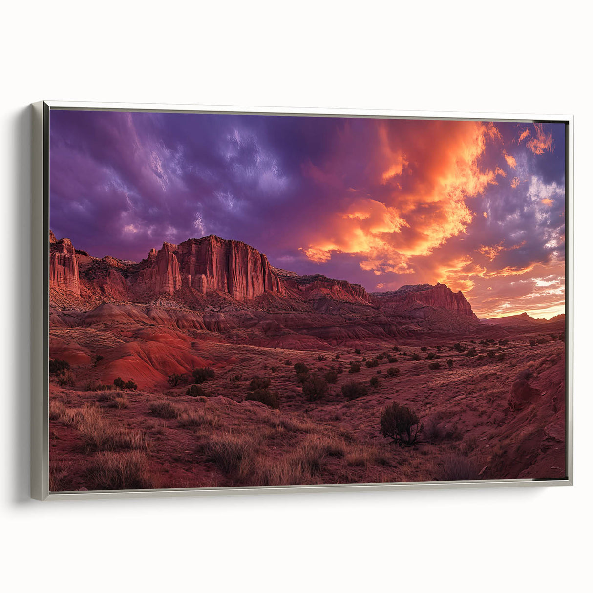 Framed canvas of a Capitol Reef landscape with muted earth tones, ideal for a study or living area.