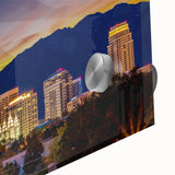 Large abstract wall art of Salt Lake City in muted earth tones on acrylic glass, suitable for dining room ambiance.