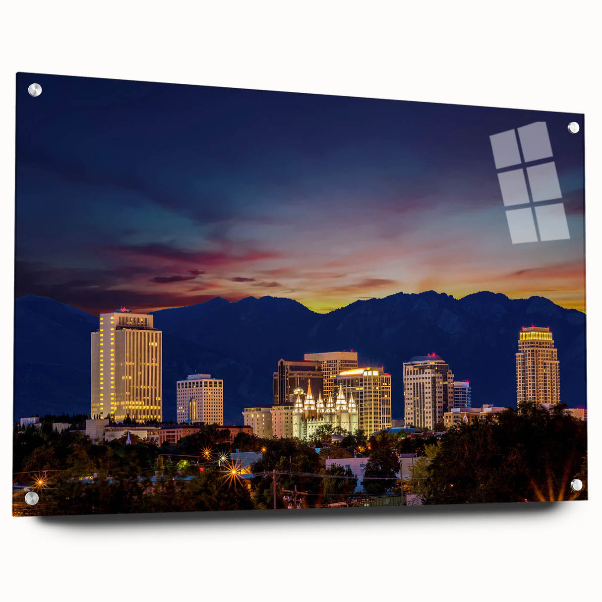 Acrylic print of Salt Lake City with vivid blue and green tones, ideal for dining room art.