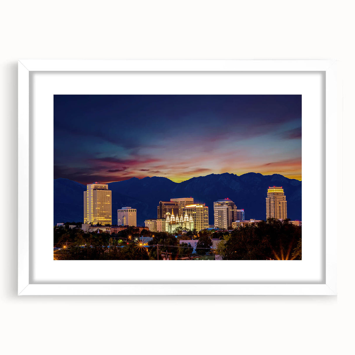 Abstract art print of Salt Lake City with muted blue and gray tones on a white-framed canvas, suitable for dining room decor.