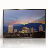 Mid-century modernist art of Salt Lake City with muted blue and silver tones on a framed acrylic panel.