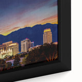 Extra large framed canvas depicting the Salt Lake City skyline with textured, colorful art in black.